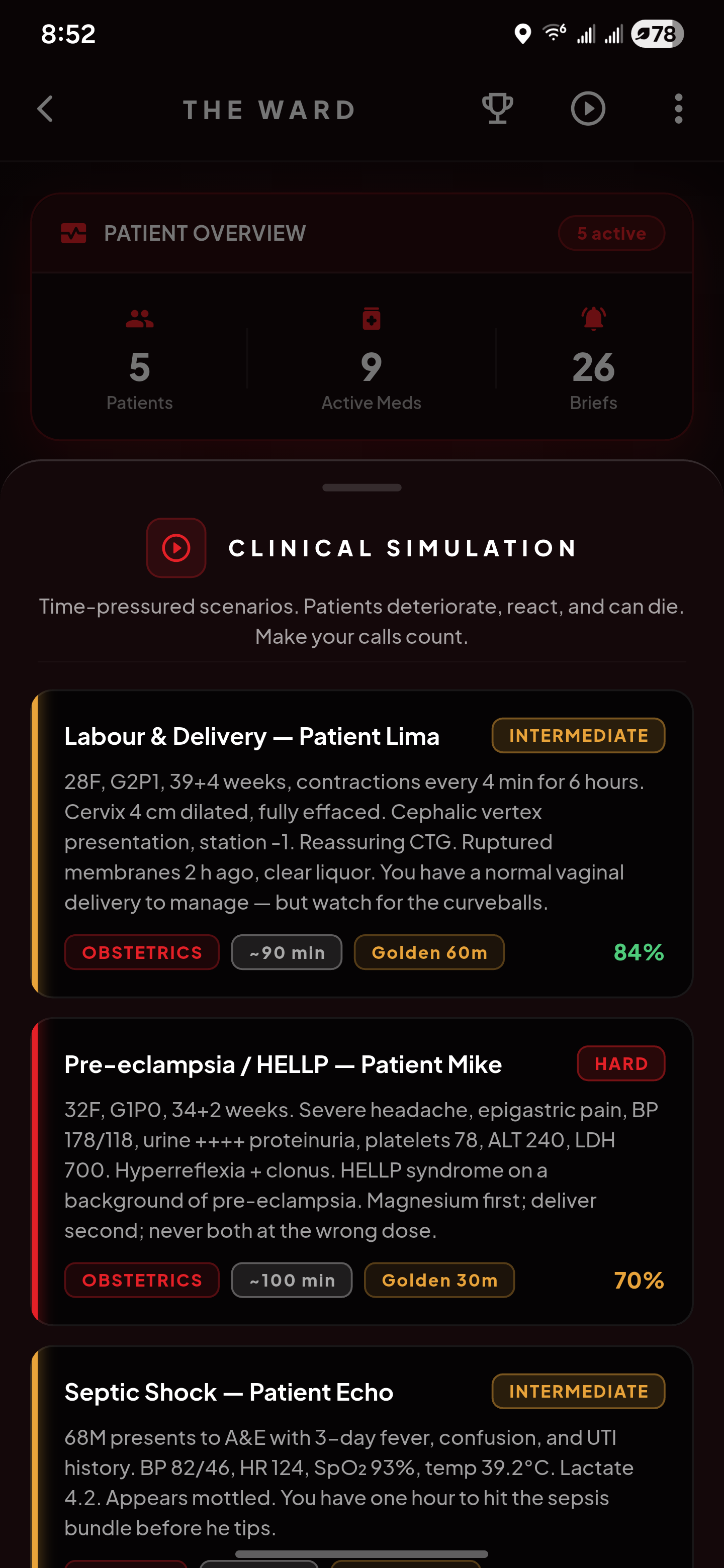 Patient Companion Simulation — scenario picker with survival clocks